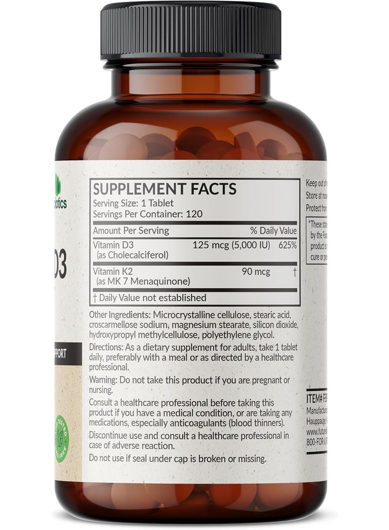 فيوتشر بايوتكس Vitamin K2 with D3, 2 in 1 Support, 5000 IU Vitamin D3 & 90 mcg Vitamin K2 MK-7 Non-GMO, 120 Tablets - Image 2